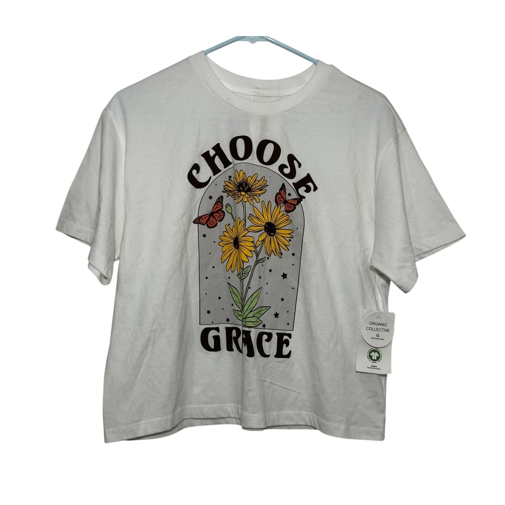 Organic Collective Choose Grace Graphic T-Shirt White Sunflower Butterfly‎ M NWT
